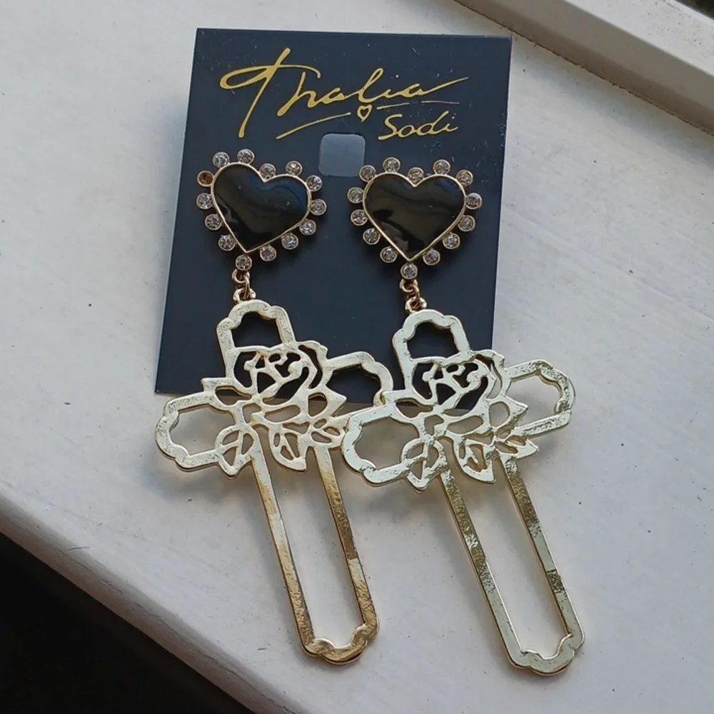 Thalia Sodi Cross With Heart Gold Earrings Mother's Day - Picture 3 of 7